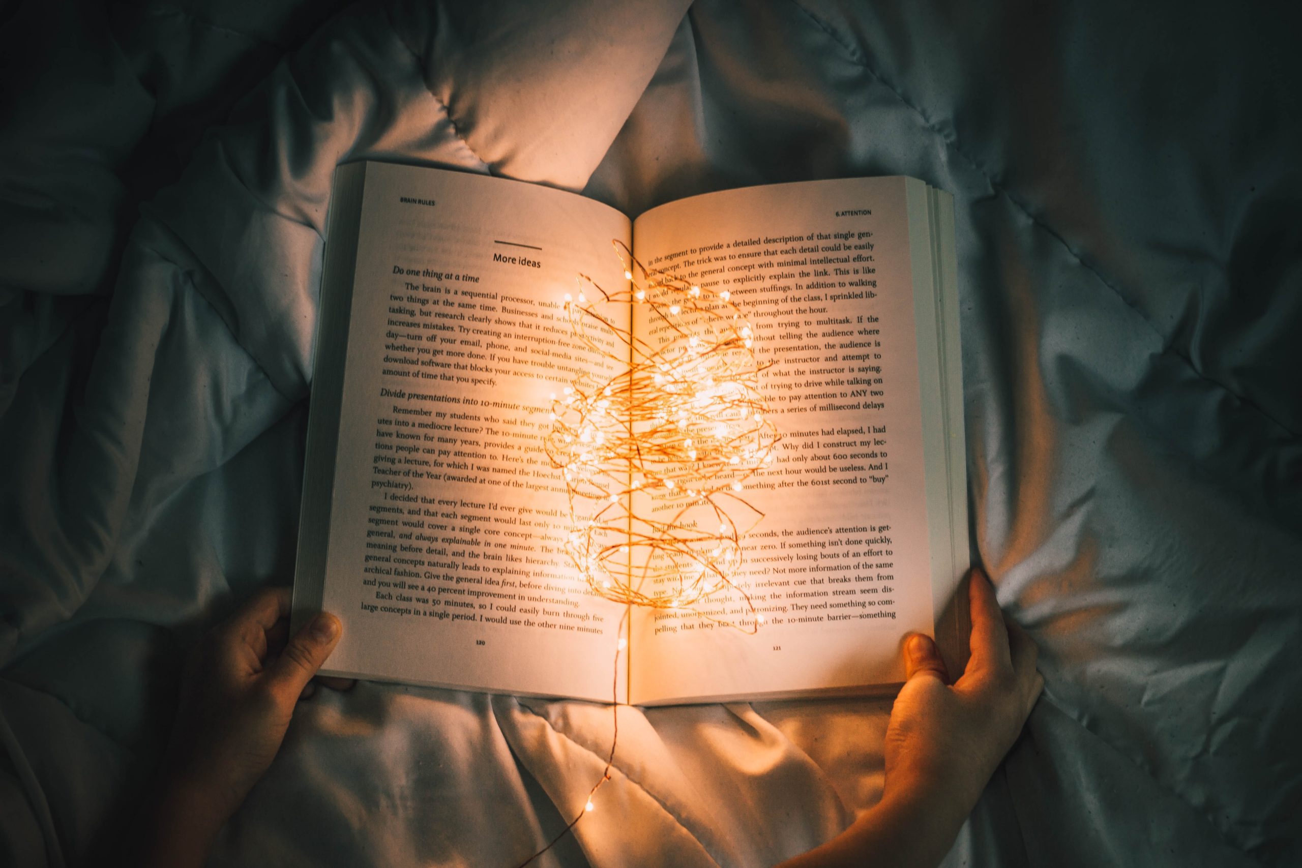 Lights illuminating the inside of a book.