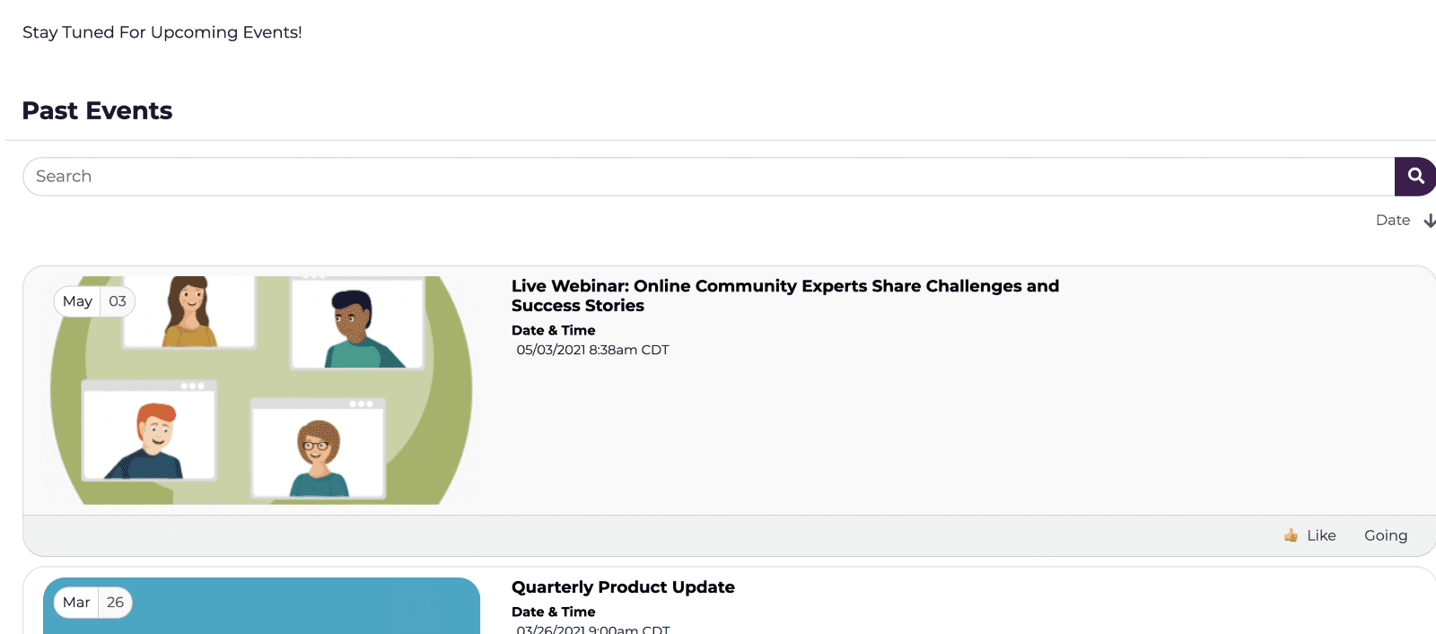 An event calendar from the online community from Personify shows an event calendar where an event is listed with two small buttons that say "Like" or "Going" 